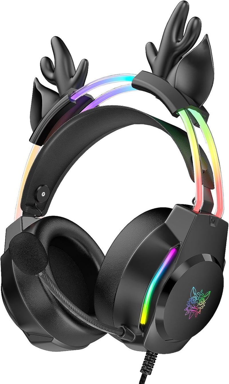 ONITOON Gaming Headset with Microphone, Deer Ears Headphones for PC Laptop PS4 PS5 Xbox Switch, Rainbow RGB Lighting & Virtual Surround Sound, 3.5mm Over Ear Headphones, Ergonomic - Image 1